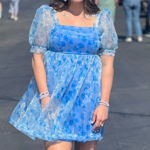 Blue Floral Puff Sleeve Dress